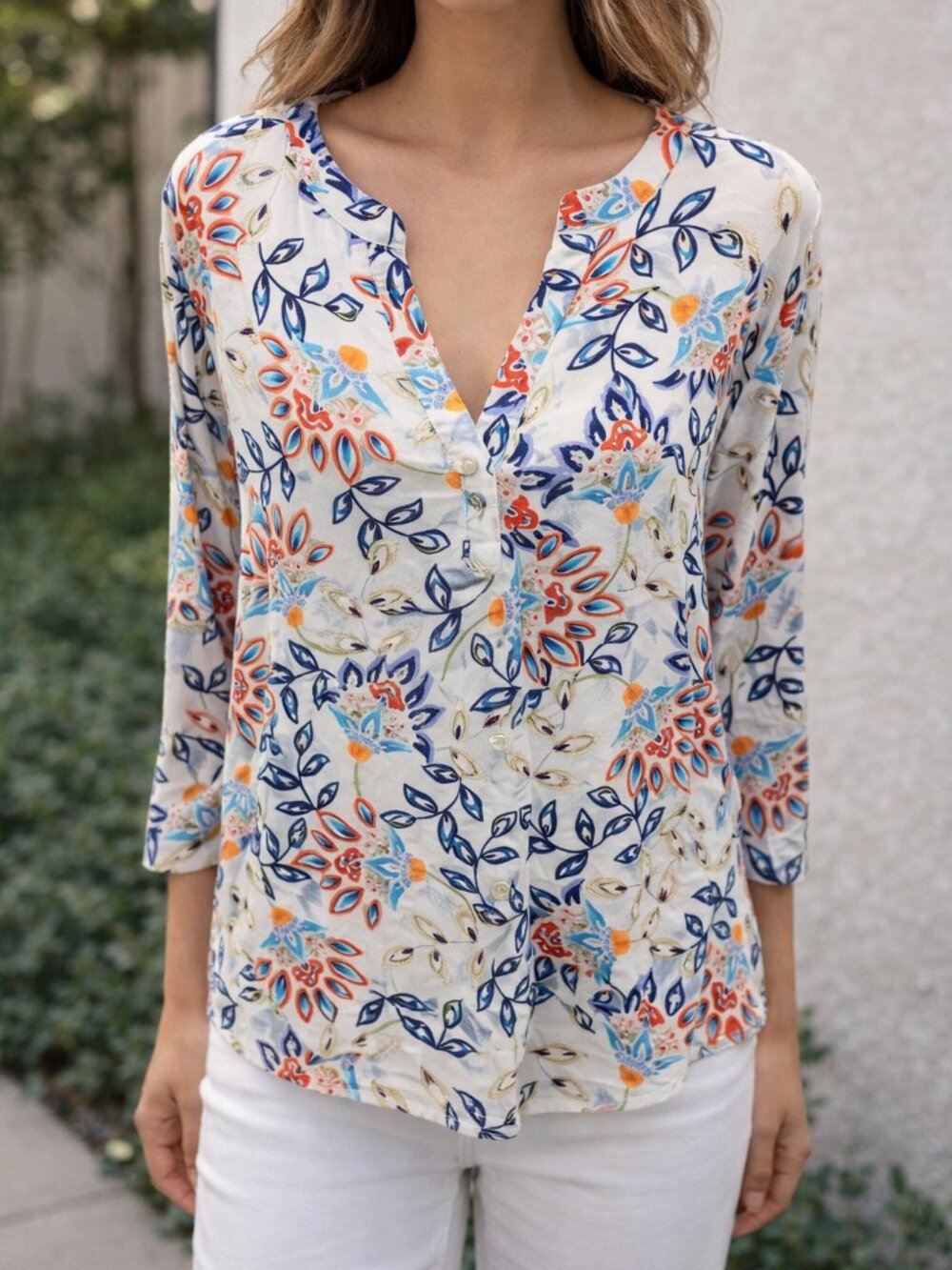 Pale Sky Paisley Top Women Large Boho V-Neck 3/4 Sleeve Lightweight Rayon Blouse